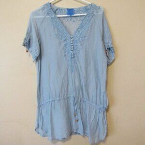 ELVISH Silk Blend Embroidered Blue Sheer Drop Waist Tunic Top Coverup sz 6 Boho